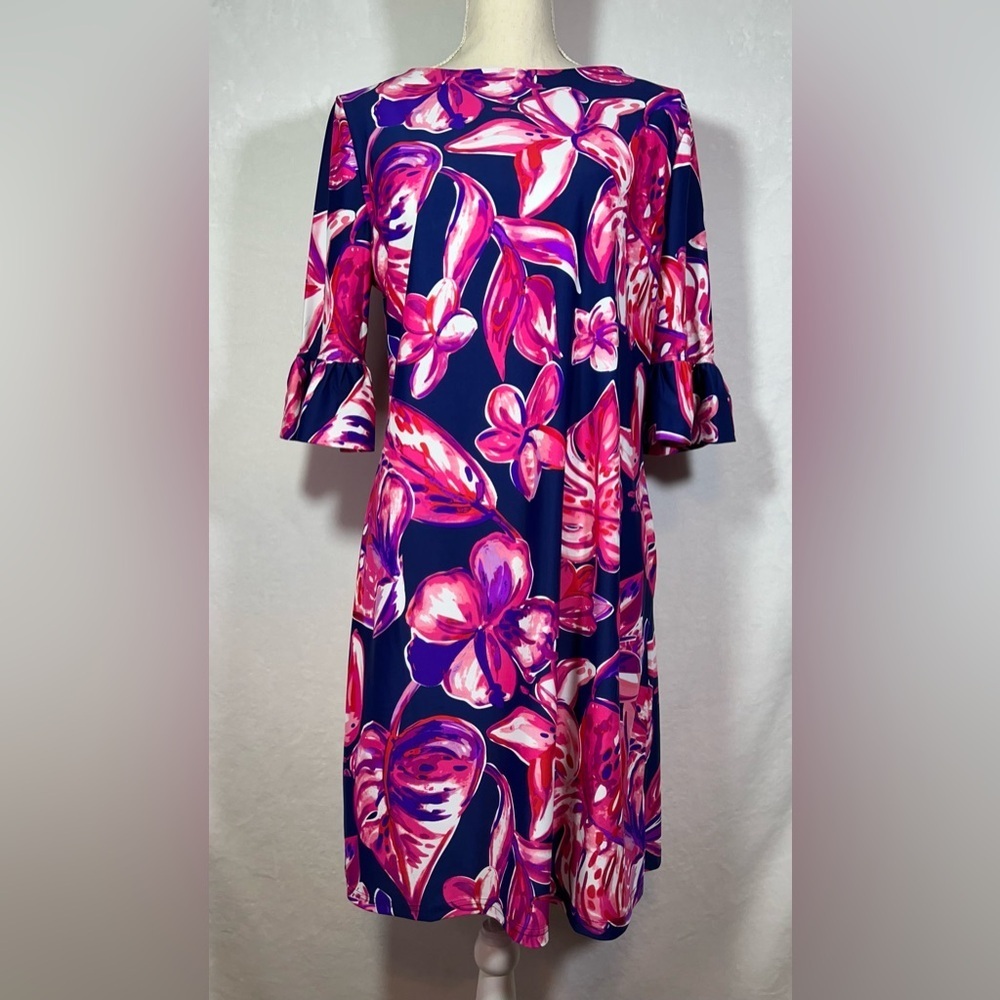 Aryeh NWT Elena Dress Women’s Size Large Ruffle Sleeve Vibrant Navy/Pink/Purple - Picture 8 of 9